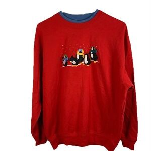 Vintage Red Sweatshirt Embroidered Penguins Women Sz‎ L Winter Christmas Holiday